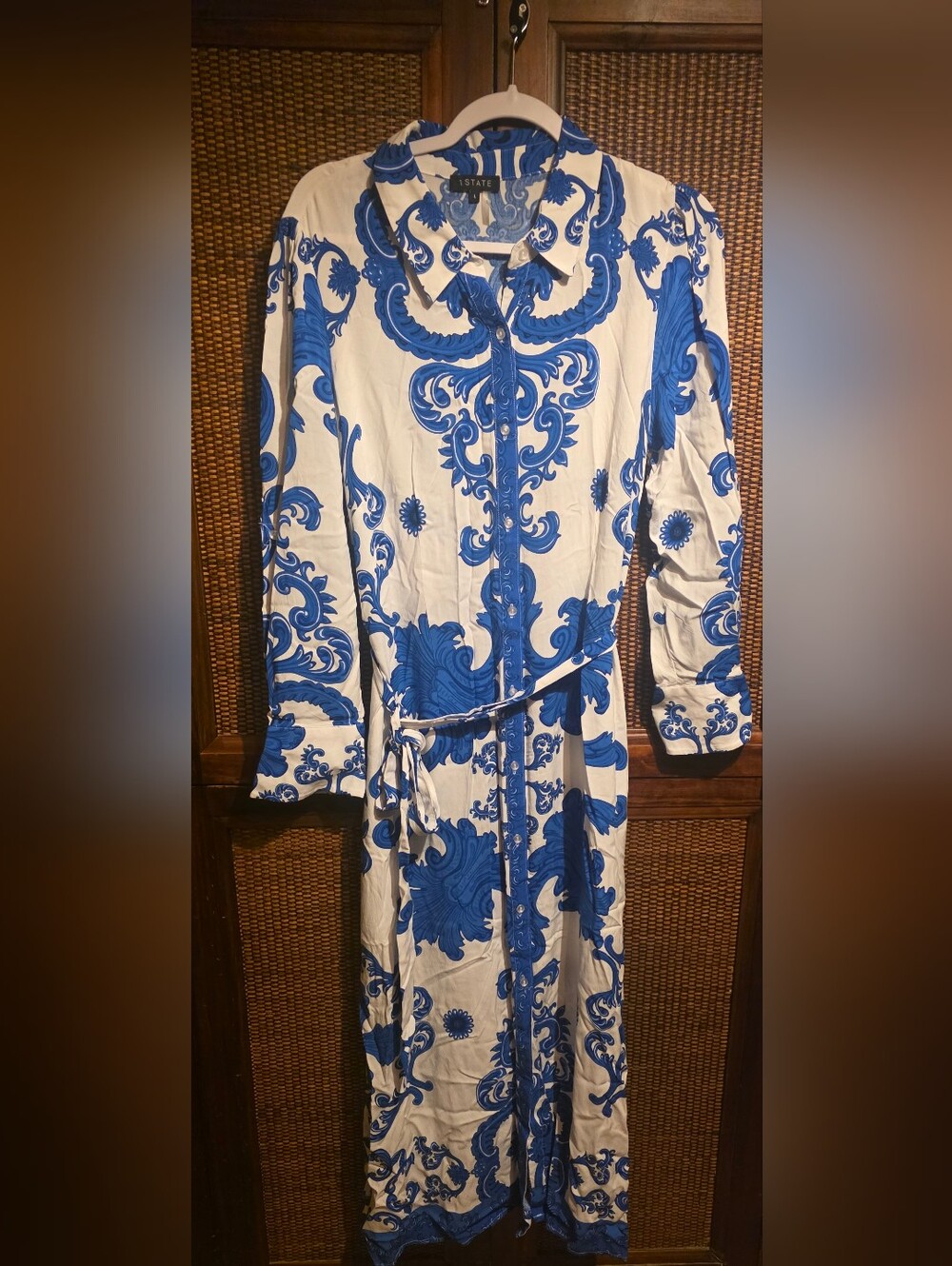 1. State EUC Large Blue & White Printed Maxi Dress with Belt PTP 21 - Picture 3 of 5